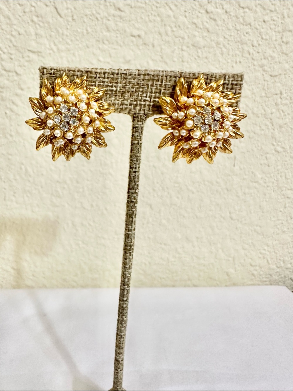 Vintage Gold Pearl & Crystal Floral Cluster Earrings - Clips